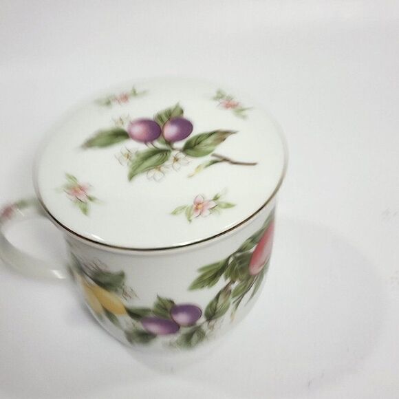 Andrea by Sadek Tea Cup Mug, Strainer Infuser w Lid Fruits Pattern Japan - Picture 4 of 12
